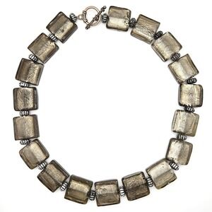 Silver Foil Glass Square Bead Handmade Necklace‎ Smoky Brown Silver Tone Toggle
